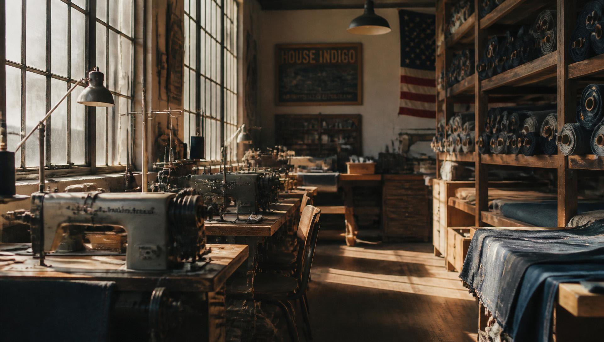 Sunlit California denim workshop with rows of vintage sewing machines and bolts of raw indigo denim.
